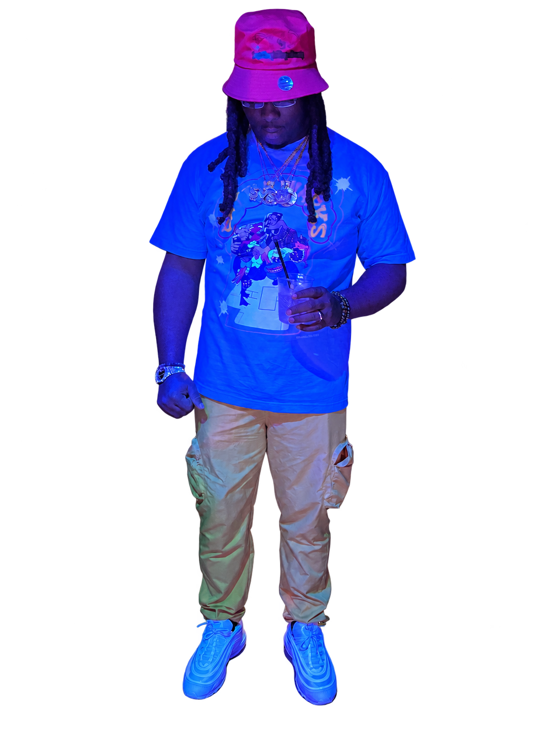 Diiiago Prada in a bucket hat with a cup